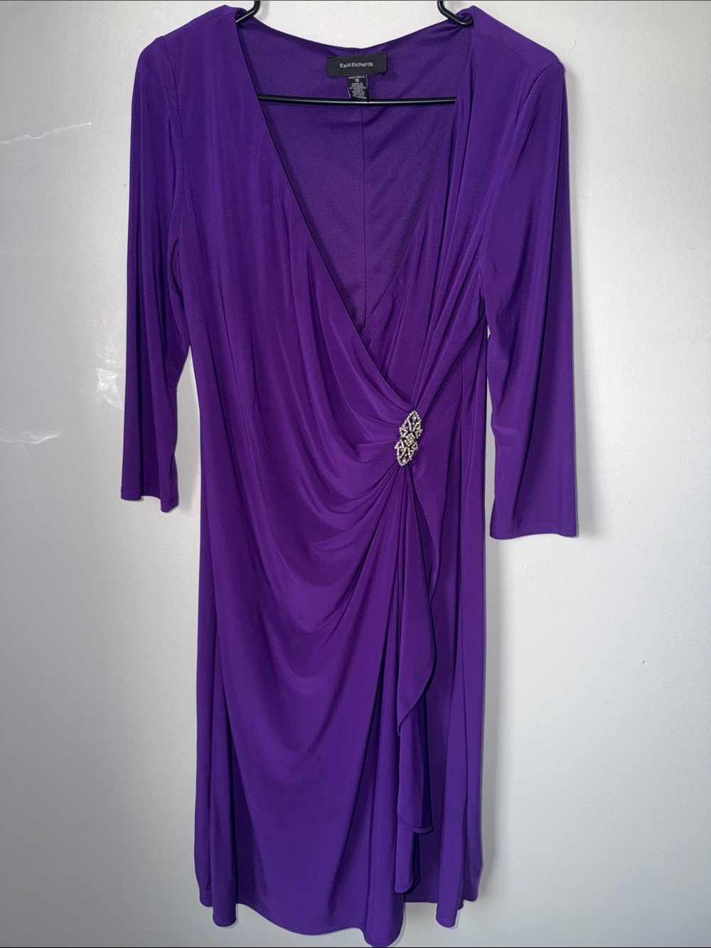 R&M Richards Purple Draped V-Neck Long Sleeve Dress with Brooch Accent Size 10